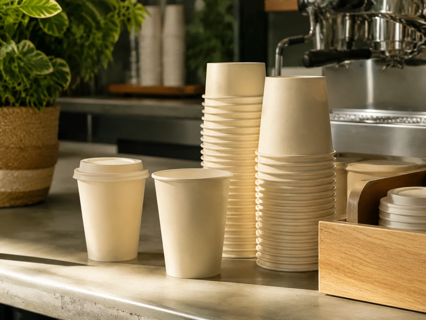Compostable paper cups and lid options — coffee counter