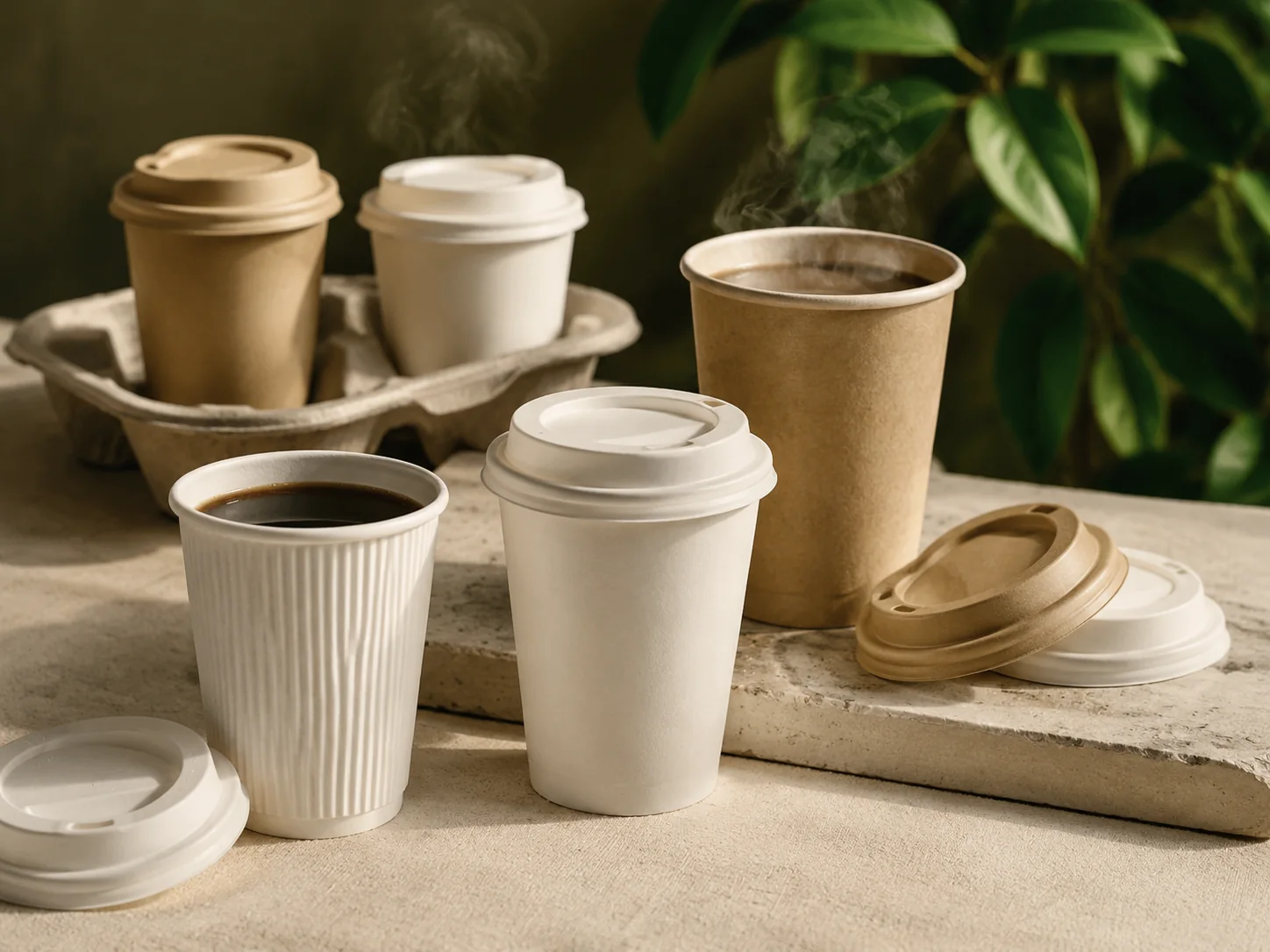 Compostable paper cups and lid options — cup tray service